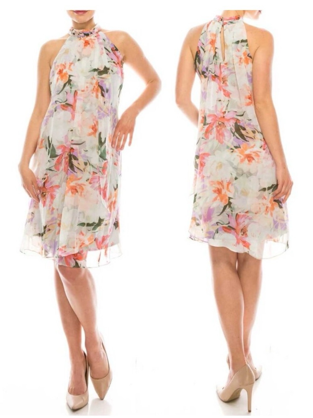Sleeveless Halter Floral Midi Dress in White and Pink